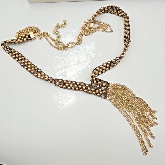 Chico's Jewelry - Vintage Chico's Gold Tone Beaded Tassel‎ Necklace Woven Bronze Tone Cord Lariat